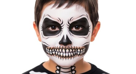 Obraz premium Boy With Skeleton Face Paint - A boy with skeleton face paint on a white background