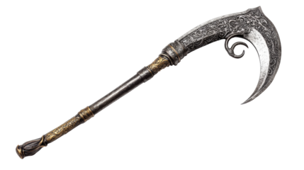 Ornate Scythe with Decorative Handle isolated on a transparent background