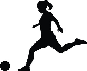 Silhouette of female soccer player kicking ball, sportswoman athlete action, football game, running fitness training, competitive match, woman strength, active lifestyle