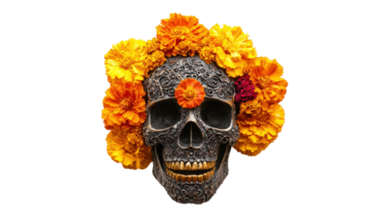 Ornate Skull with Marigold Flowers isolated on a transparent background