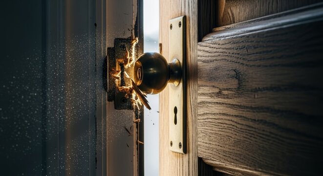 Broken Door Lock Close Up - A close-up shot of a broken door lock with a damaged door