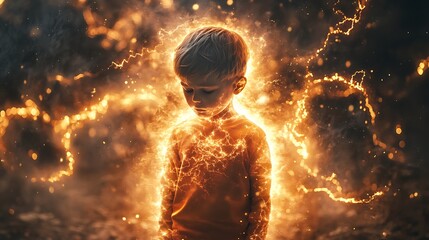Naklejka premium Child enveloped in an energetic aura of light and otherworldly power