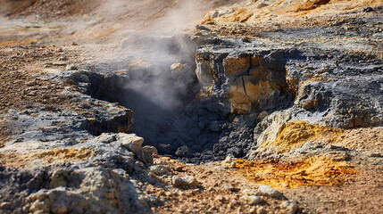 Close-up of a bubbling mud pot or small hot spring, with steam rising from the cracked, colorful, and mineral-rich earth in a geothermal landscape.