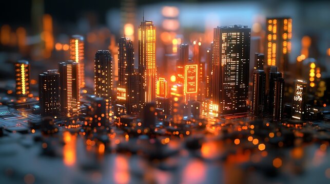 Futuristic cityscape with glowing towers and circuit board base visual concept