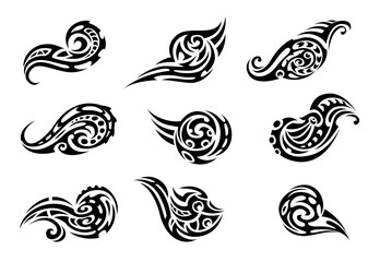 Black Maori tattoo set, tribal ornaments featuring swirling patterns and flame like elements, evoke strength, energy and fluid motion. Isolated vector set of decals, traditional swirled tribal motifs