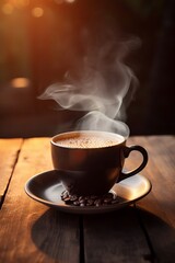 Fresh Brewed Coffee Cup with Steam in Soft Morning Light