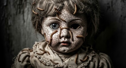 Creepy Cracked Doll Infested with Mealworms - A disturbing of an antique doll with a cracked face, crawling with mealworms, evoking themes of decay, horror, and the uncanny