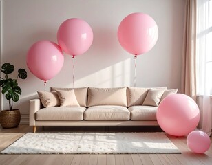 Minimalist living room with giant pink balloons