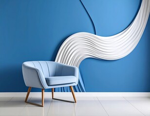 Modern armchair by a sculpted blue and white wall