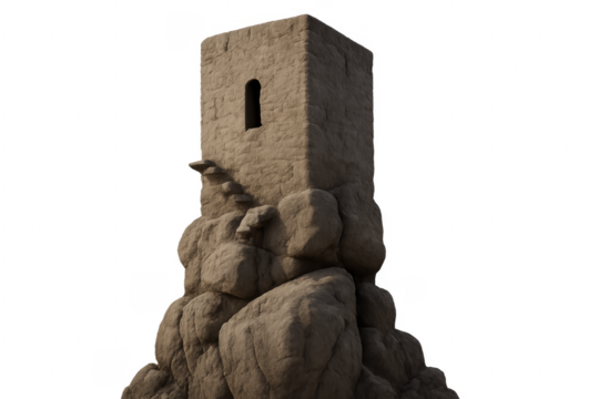 Medieval stone tower standing on rocks, transparent background