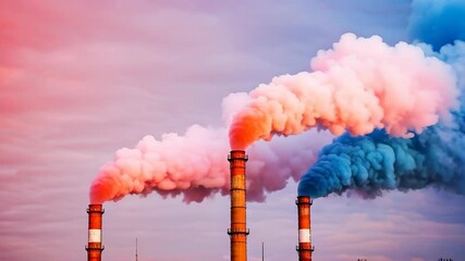 Industrial chimneys releasing colorful smoke into the atmosphere, pollution concept. - Powered by Adobe