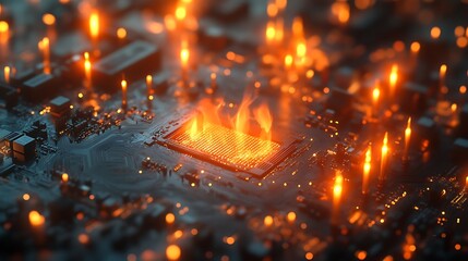Fototapeta premium Overheated CPU Igniting on a Motherboard: A Visualization of System Failure