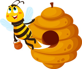 Flying out from beehive honey bee insect character. Bumblebee baby cute cartoon character, honeybee bug cheerful vector character. Working bee insect funny isolated personage collecting honey