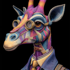 Obraz premium Hyper-realistic animation colorful psychedelic steampunk giraffe wearing monocle textured patchwork style
