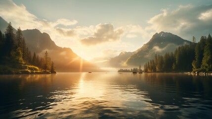 Golden Sunrise Over a Serene Mountain Lake &ndash; Cinematic Landscape