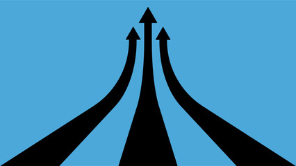 A striking minimalist illustration showing three curved black arrows converging and moving upward towards a central point on a blue background, Symbolizes growth, direction, progress and success