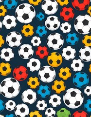 Multiple colorful soccer balls on a dark background