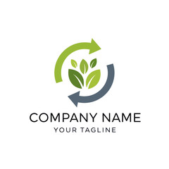 Eco-Friendly Company Logo with Green Plant and Circular Arrows Symbolizing Sustainability, Growth, and Environmental Responsibility on White Background, Flat Vector Elements, Vector Illustration,