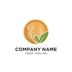 Agricultural Company Logo Featuring Golden Coin, Wheat Stalks, Green Leaves, and Branding Text on White Background, Flat Vector Elements, Vector Illustration, Simple Vector, Stylized Vector Drawing,