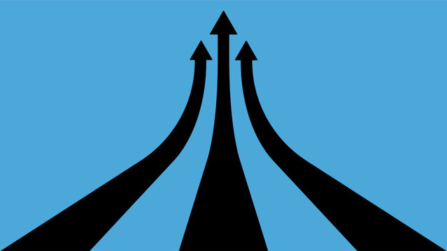 A striking minimalist illustration showing three curved black arrows converging and moving upward towards a central point on a blue background, Symbolizes growth, direction, progress and success