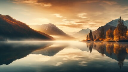 Cinematic Wide-Angle View of Serene Mountain Lake at Sunrise