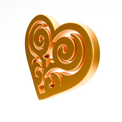 Realistic illustration of shiny golden heart with kazakh ornament isolated on white background. Symbol of love, romantic and Wedding. 3d rendering of heart shape