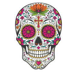 A detailed sugar skull with floral designs and a cross on a white background illustration style