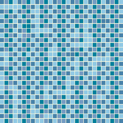 A seamless repeating geometric pattern of small square tiles in varying shades of blue and turquoise, Great for backgrounds, website design or textile print