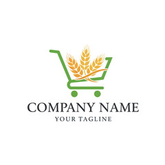 Green Shopping Cart with Golden Wheat Grains Logo - Agriculture and Food Retail Branding Icon for Grocery Stores, Organic Markets, and Cereal Product Businesses on White Background, Flat Vector