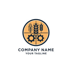 Modern Agri-Tech Logo: Stylized Wheat, Grain Crops, and Industrial Gears in a Circular Emblem with Dark Blue and Colors, Representing Agricultural Innovation and Technology on a White Background.,