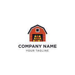 Farm Logo Design with Red Barn, Stacked Fruits, Company Name, and Tagline on White Background, Flat Vector Elements, Vector Illustration, Simple Vector, Stylized Vector Drawing, Vector Template,