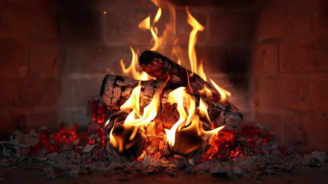 Cozy fireplace with burning flames and glowing wooden logs, creating a warm and relaxing atmosphere indoors