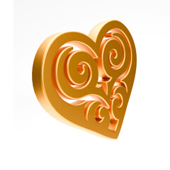 Realistic illustration of shiny golden heart with kazakh ornament isolated on white background. Symbol of love, romantic and Wedding. 3d rendering of heart shape