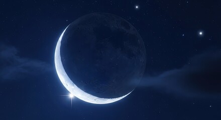 Fototapeta premium Crescent moon shining in a starry night sky for Ramadan celebration 