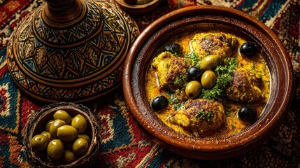Tagine Magic: Conical earthenware tagine releasing aromatic steam, slow-cooked chicken with preserved lemons and olives, vibrant saffron sauce
