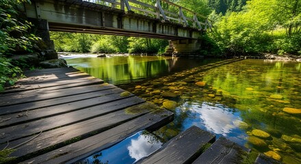 Tranquil Woodland Stream with Old Wooden Walkway and Bridge Over Clear Water