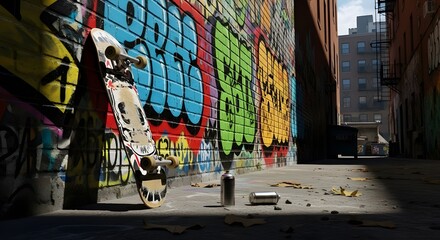 Skateboard leaning against graffiti-covered wall in urban alleyway