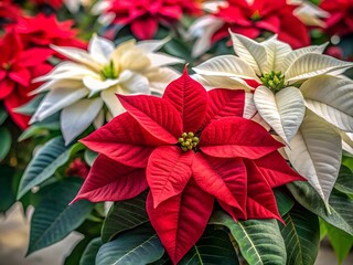 Red and white poinsettia flowers in bloom