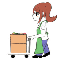 段ボール箱に入った野菜を台車で運んでいるエプロンを着た女の子