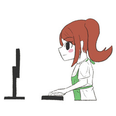 パソコンを操作しているエプロンを着た女の子