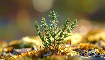 Macro Photo of Small Green Plant Growing on Ground in Daylight with Blurred Bokeh Background and Warm Sunlight