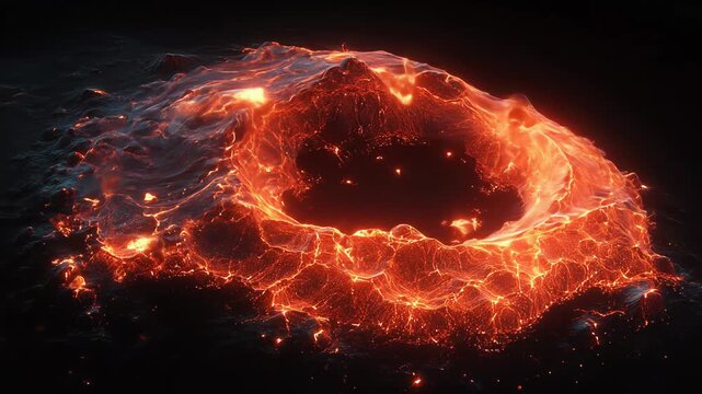 Fiery glowing crater landscape with magma flow in abstract dark scene