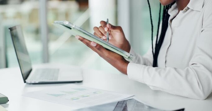 Hands, tablet and business woman with pen in office for financial projections, chart or scroll stats. Technology, stylus and reading email for data report, investment or risk management with analyst