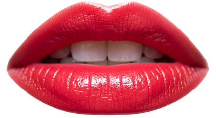 Close-up of vibrant red lips showcasing glossy lipstick with a neutral background, emphasizing beauty