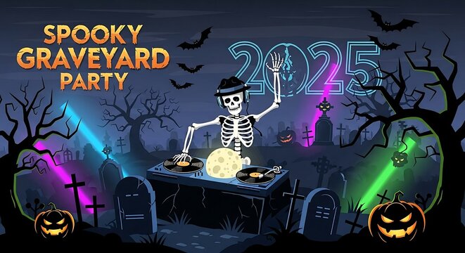 a skeleton dj mixes music at a spooky graveyard party 2025 illuminated by colorful neon lights flying bats and glowing jack-o-lanterns celebrating halloween night.