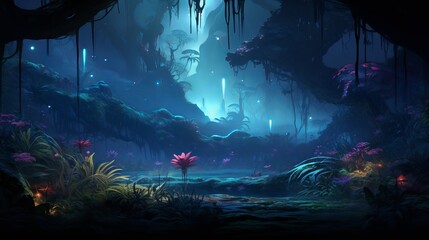 Mystical Bioluminescent Forest Concept Art with Alien Vegetation