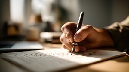 Close-up of a hand writing with a fountain pen on a sheet of paper in a cozy workspace