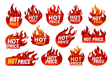 Hot price deal promotion fire flame labels. Isolated vector emblems, stickers, badges, tags or icons with burning blaze tongues. Special offer promo set for discounted items, retail or clearance sale
