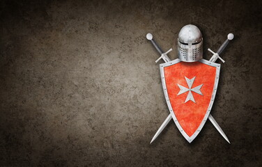 knight helmet shield and two swords on grunge background