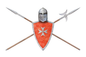 helmet red shield with a cross spear and halberd isolated on white